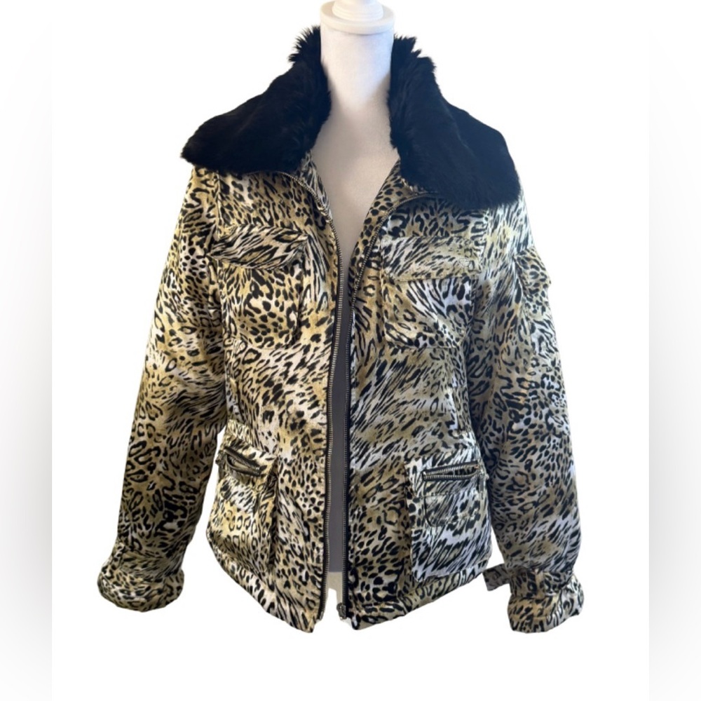 XOXO Leopard Print Jacket with Black Fur Collar